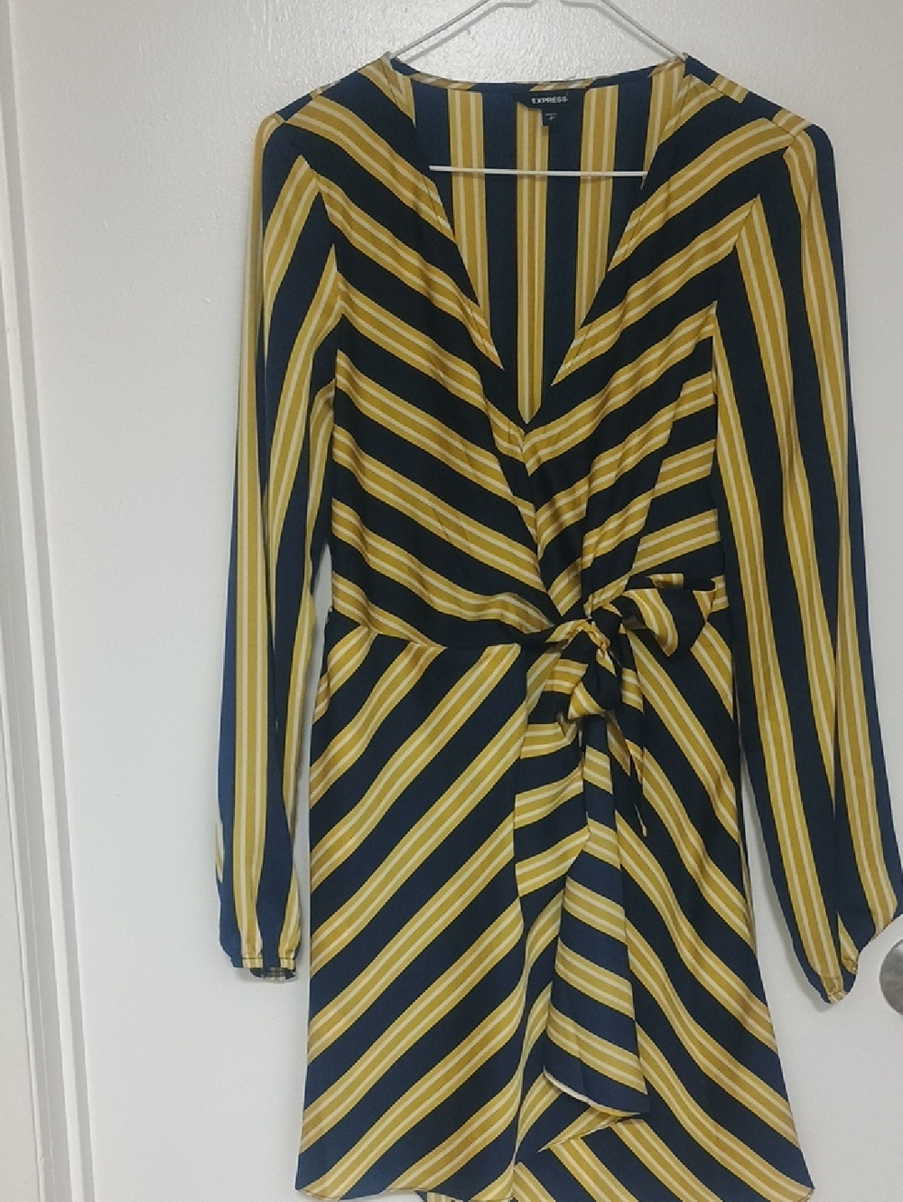 Blue Yellow White Striped V Neck Faux Wrap Midi